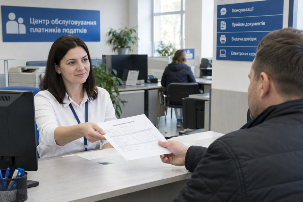 в Центрі обслуговування платників співробітник видає довідку клієнту