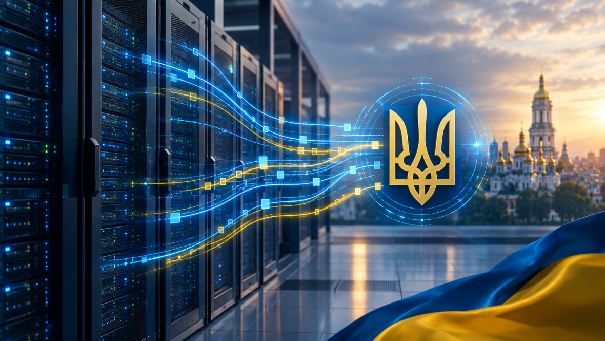 Символічне зображення автоматизованого стягнення податків з цифровими потоками та українським емблемом