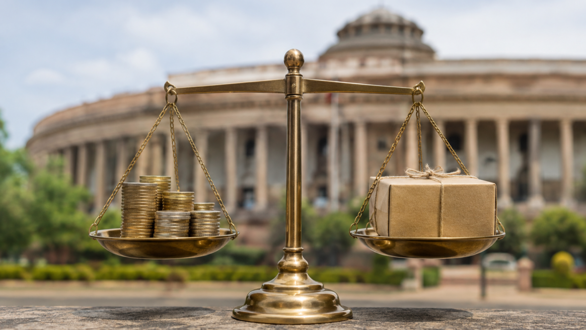 Вага між монетами та посилкою на фоні будівлі парламенту