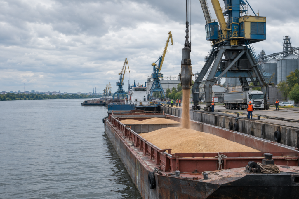 Річковий порт України із баржами для зерна та кранами на фоні хмарного неба