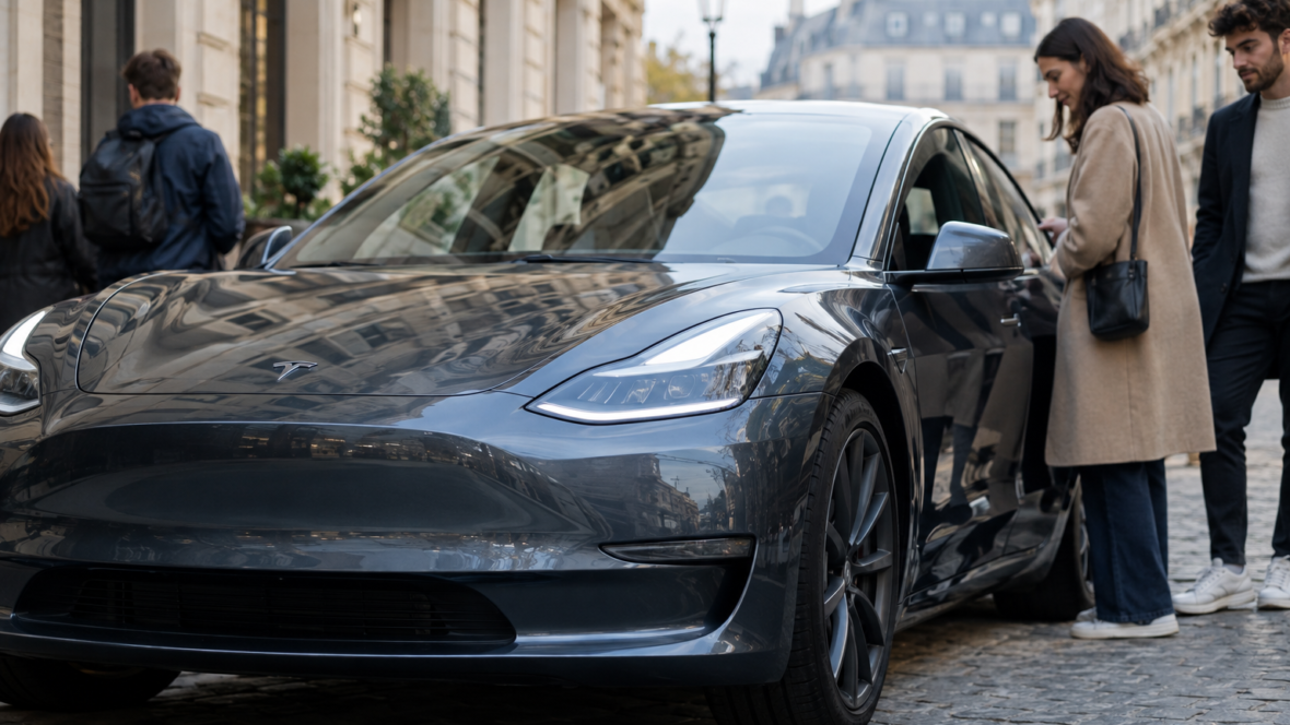 Tesla на вулиці Європейського міста крупним планом, натуральне освітлення