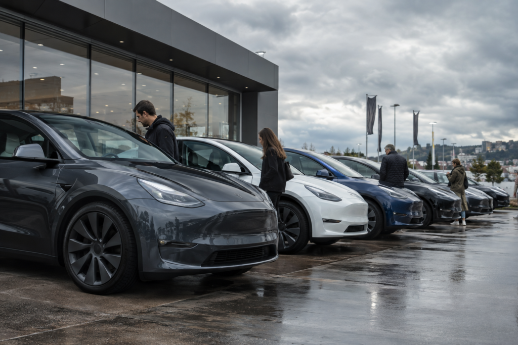 Лінійка Tesla Model Y біля дилерського центру в Європі, клієнти оглядають авто