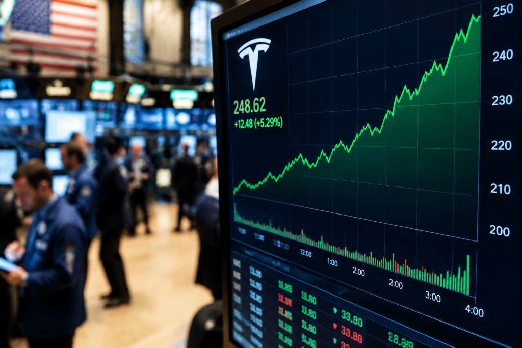 Екран фондової біржі з рухом акцій Tesla на тлі торгового залу