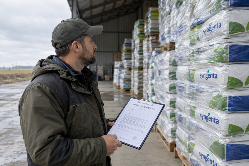 фермер перевіряє склад з продуктами Syngenta і страхувальний сертифікат