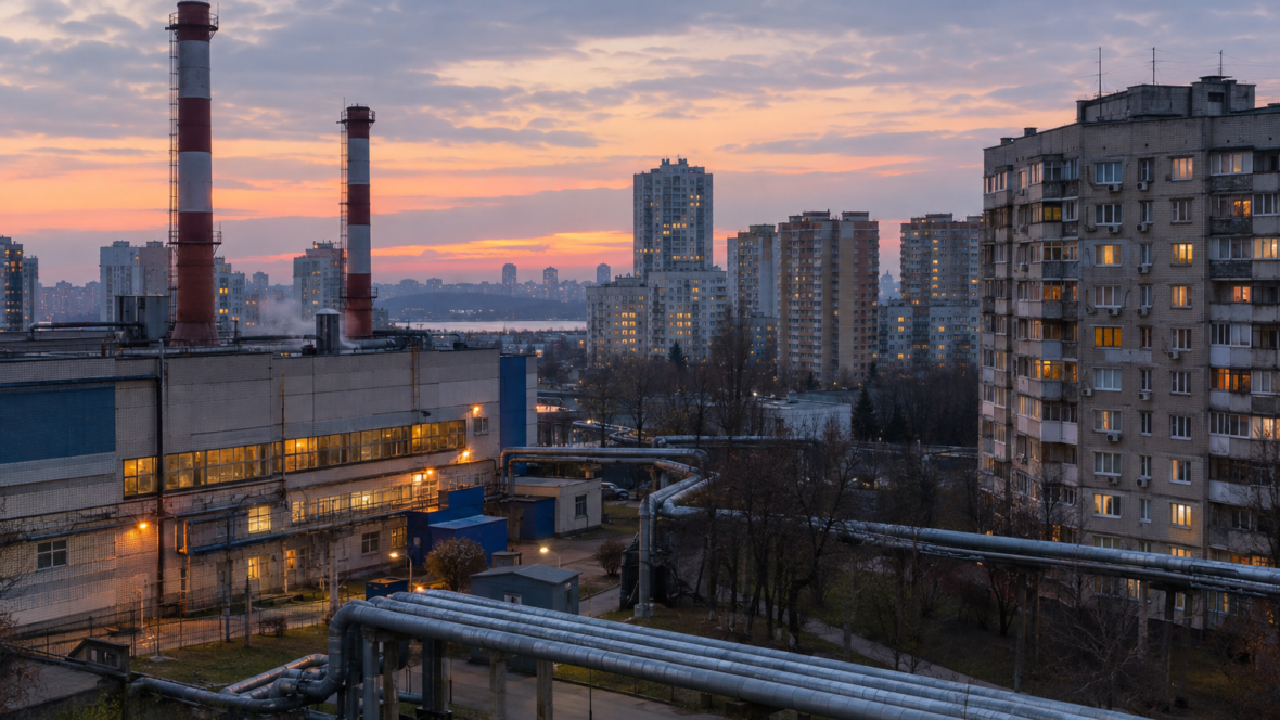 Теплоелектроцентраль і житлові будинки в Києві ввечері