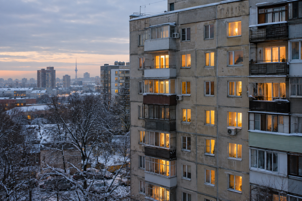 Багатоповерхівка в Києві взимку з теплим світлом у вікнах
