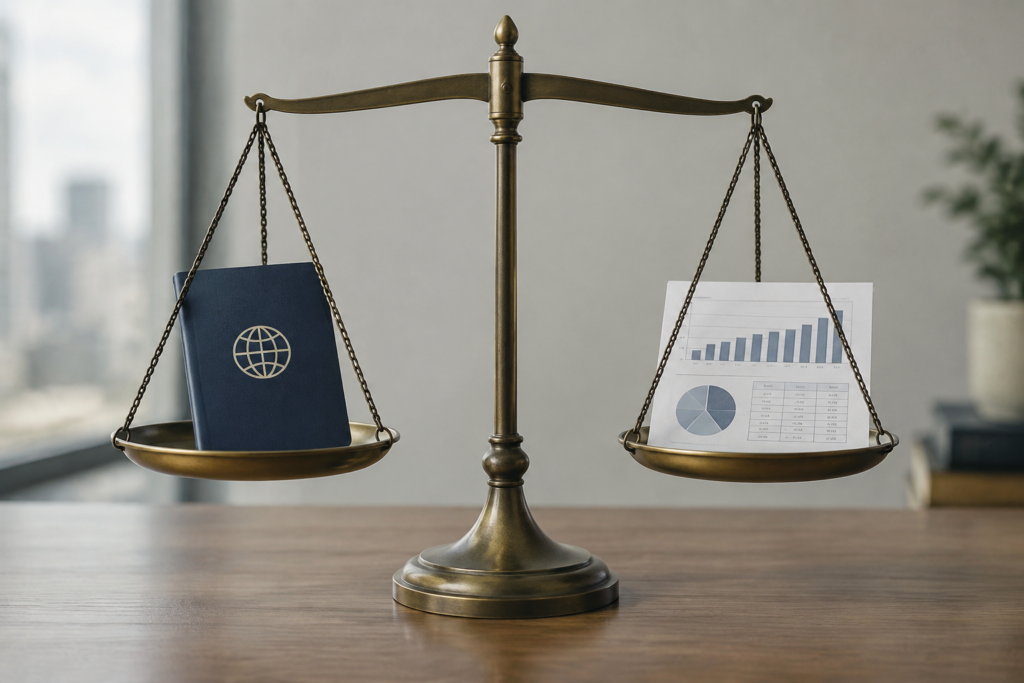 ваги правосуддя що урівноважують паспорт і фінансовий звіт