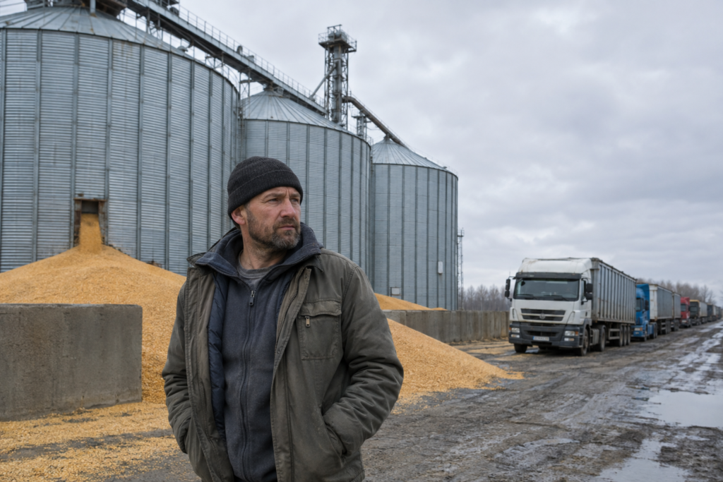 Український фермер біля переповнених елеваторів, черга вантажівок на фоні