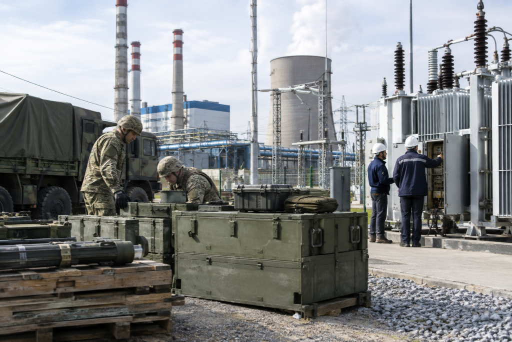 Військова техніка поруч з енергетичною інфраструктурою і інженери що інспектують обладнання