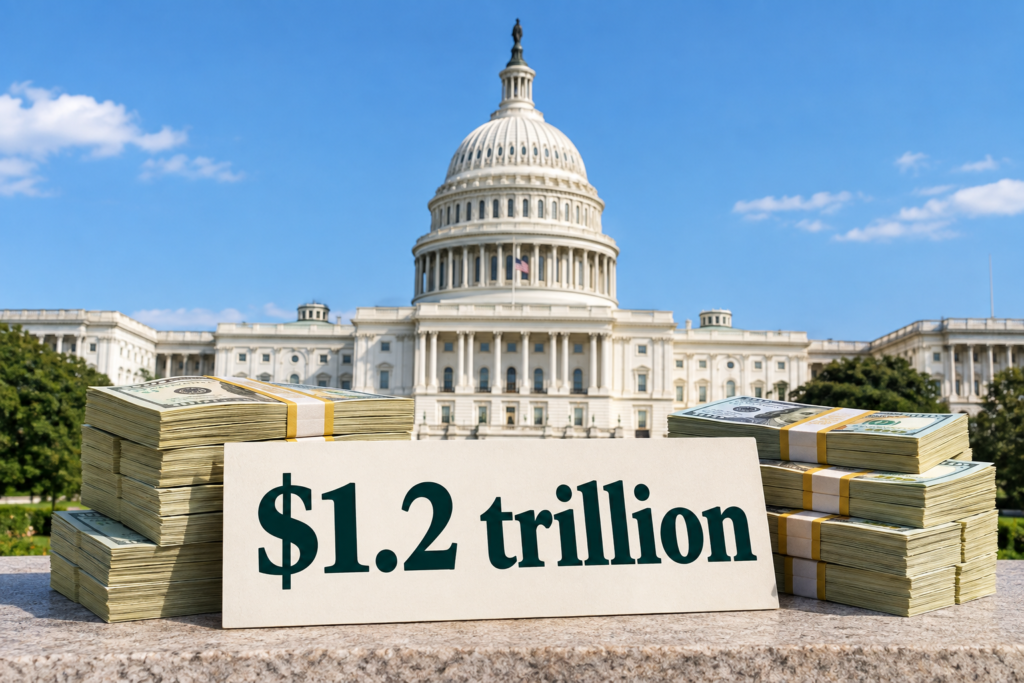 Капітолій США і стопка доларових банкнот з підписом "$1.2 трлн"
