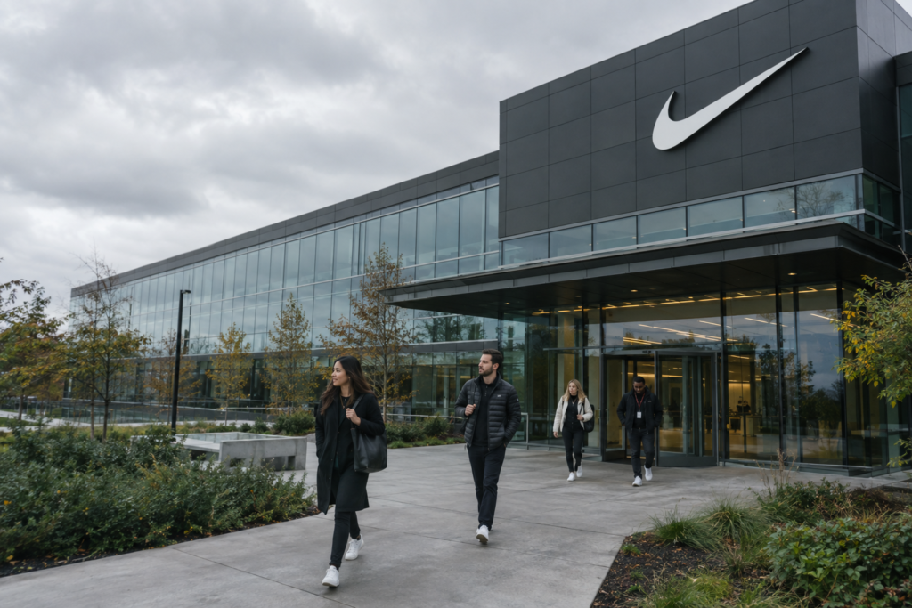 зовнішній вигляд офісу Nike з логотипом і співробітниками, що виходять, хмарно
