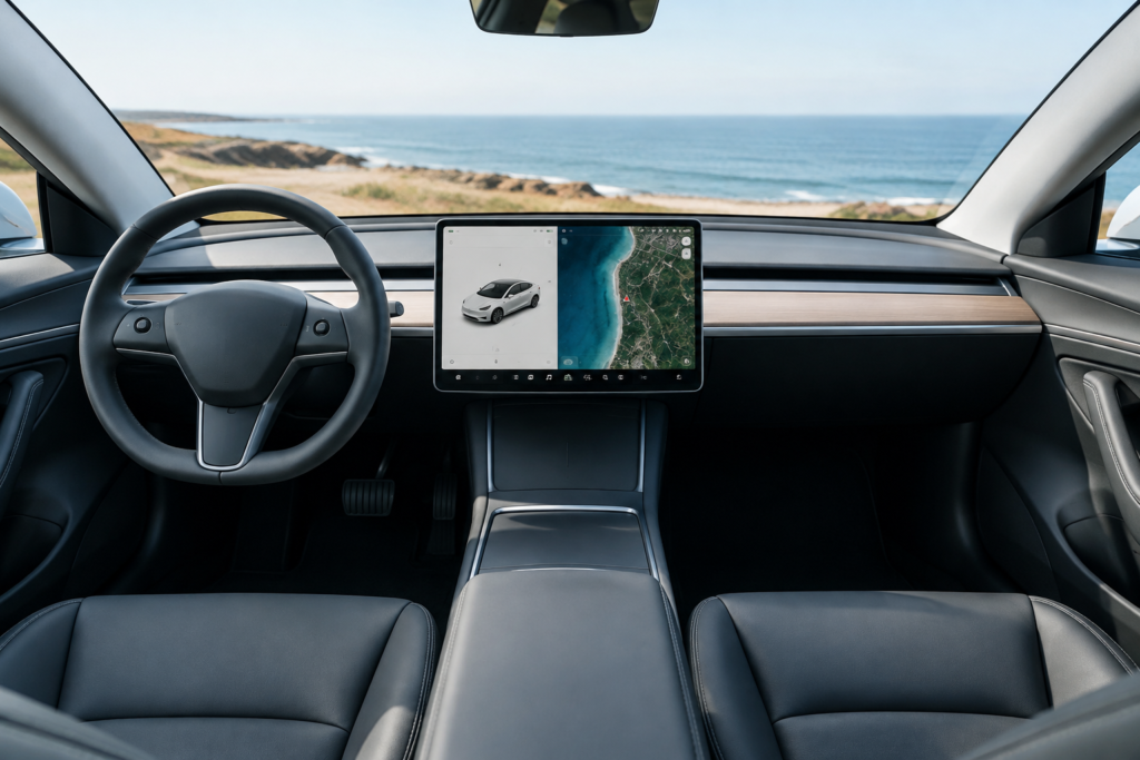 Інтер'єр Tesla Model 3 з 16-дюймовим центральним сенсорним екраном