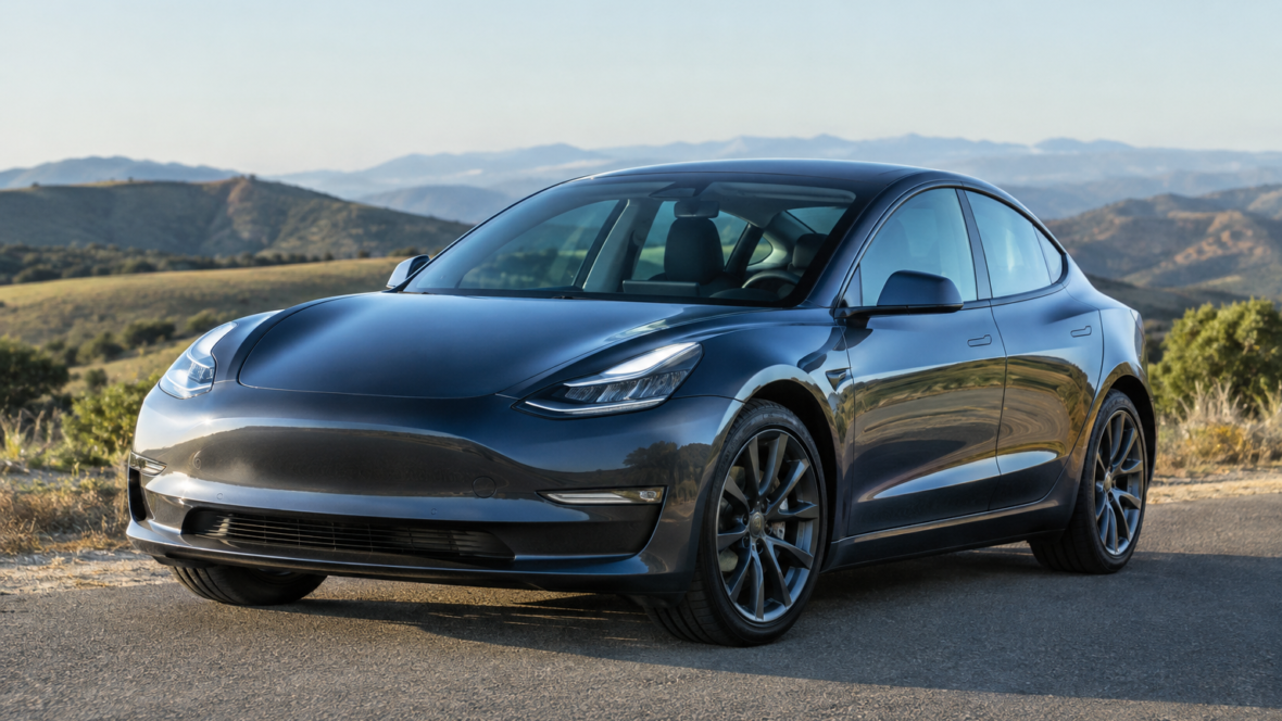 Tesla Model 3 з боку три чверті на дорозі