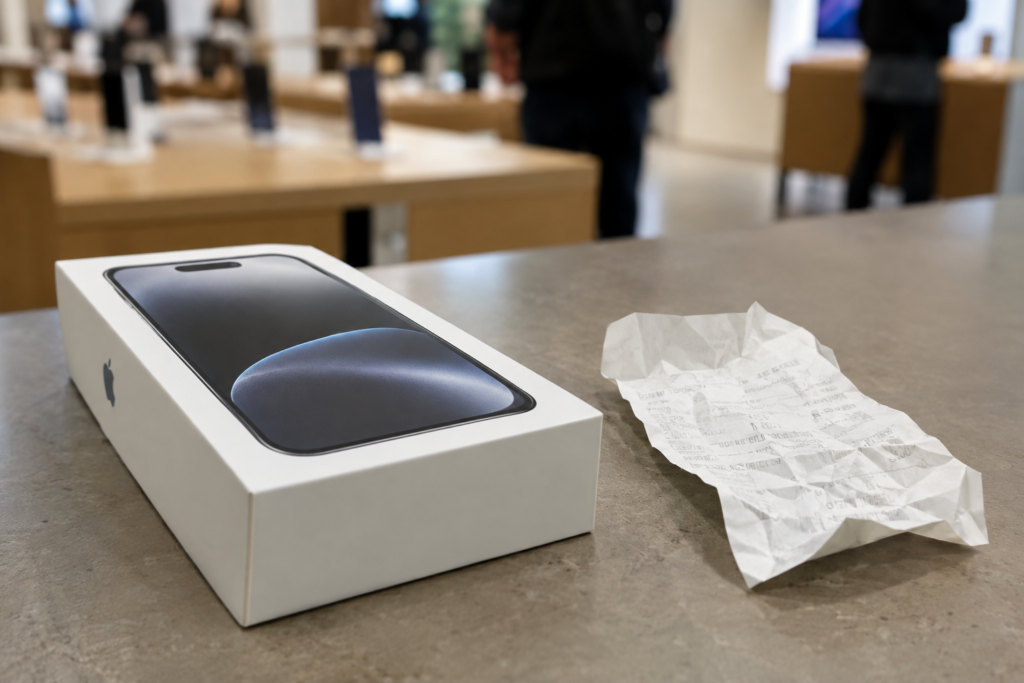 iPhone 18 поруч з фіскальним чеком на прилавку магазину