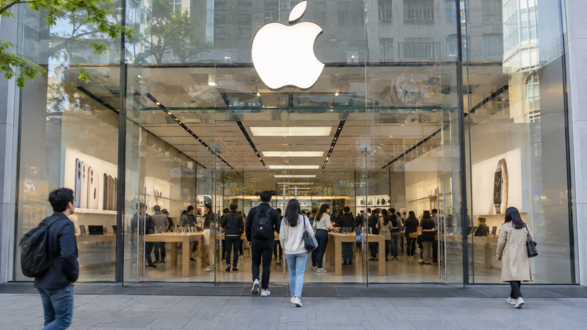фасад магазину електроніки з логотипом Apple і покупцями