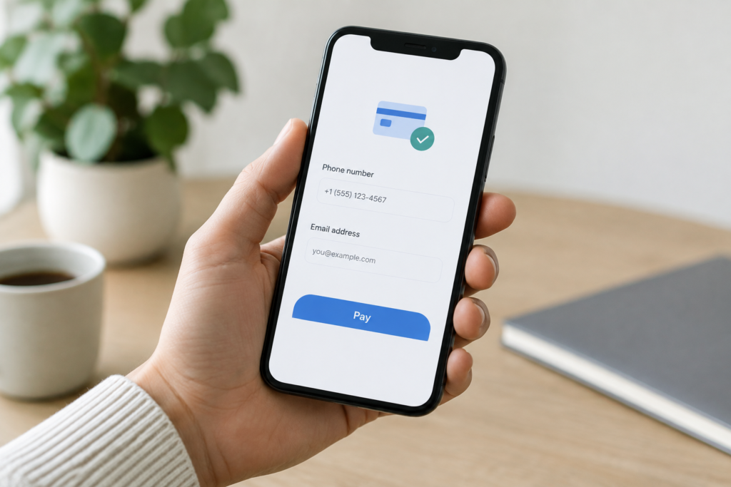 Рука тримає смартфон з інтерфейсом переказу за номером телефону та email