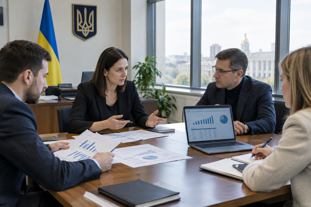Засідання в урядовому офісі з документами та графіками бюджету