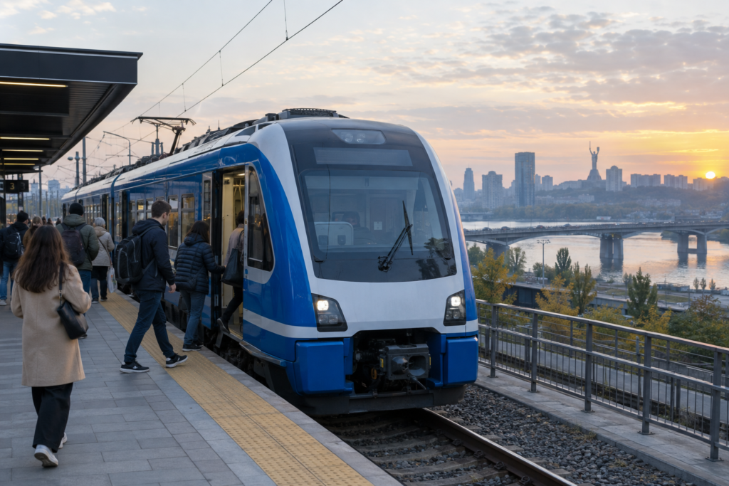 Поїзд Kyiv City Express на станції Видубичі вранці, посадка на третій колії