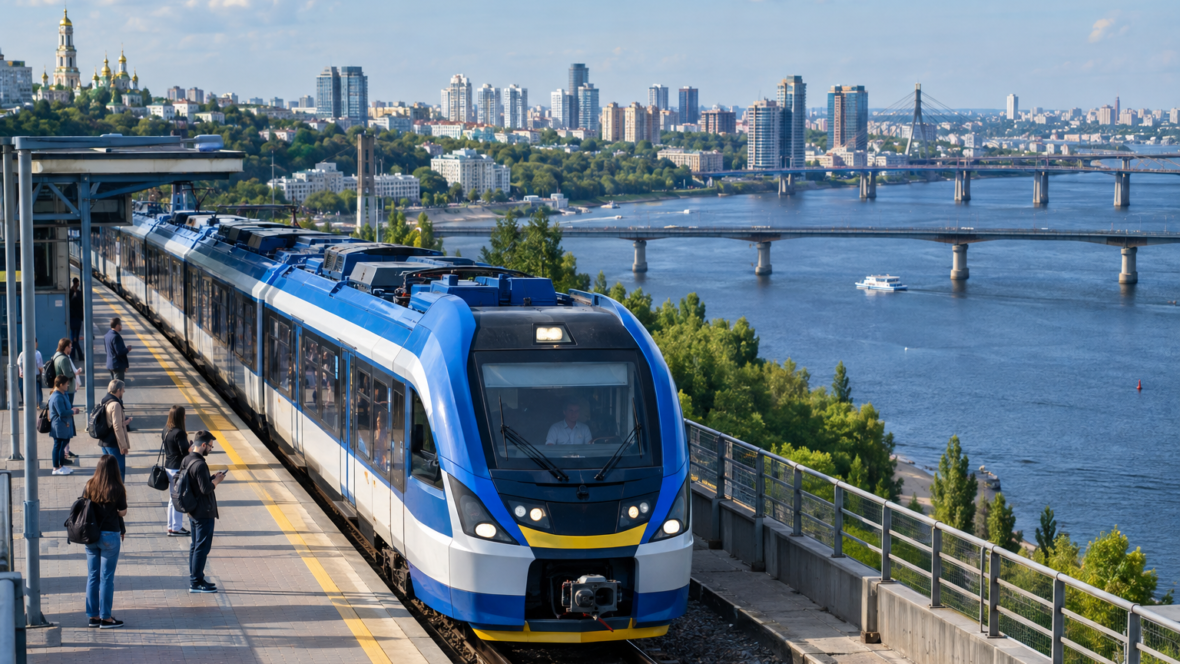 Поїзд Kyiv City Express між берегами Києва на фоні мостів