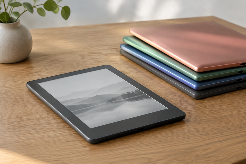рідер Kindle на деревʼяному столі з екраном врівень із панеллю і кольоровою алюмінієвою задньою панеллю