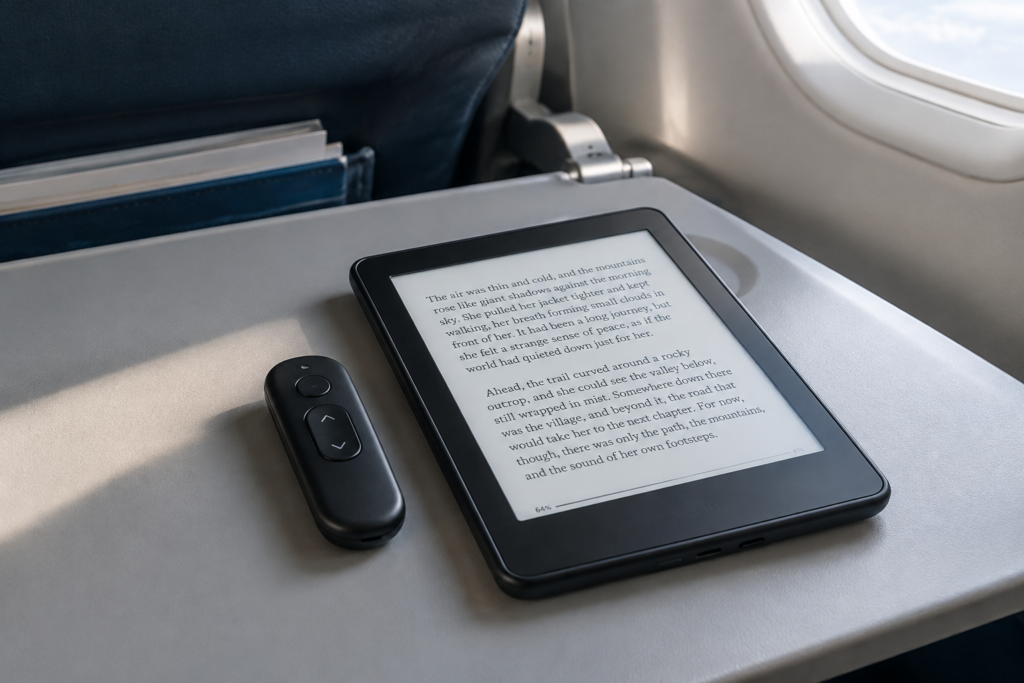 бездротовий пульт Kindle Click на столику в літаку поруч з рідером