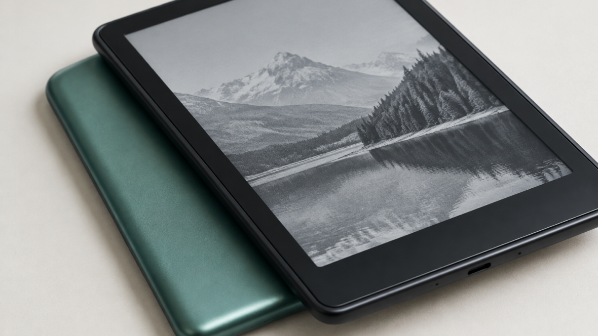новий Kindle крупним планом з екраном врівень і кольоровою алюмінієвою задньою панеллю