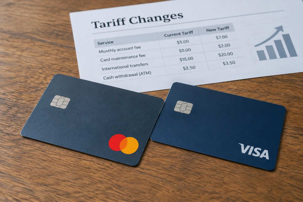 Картки Mastercard і Visa на столі поруч з папером з тарифами