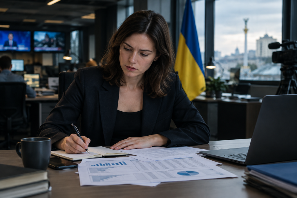 журналіст за столом з документами про бюджет, на тлі український прапор