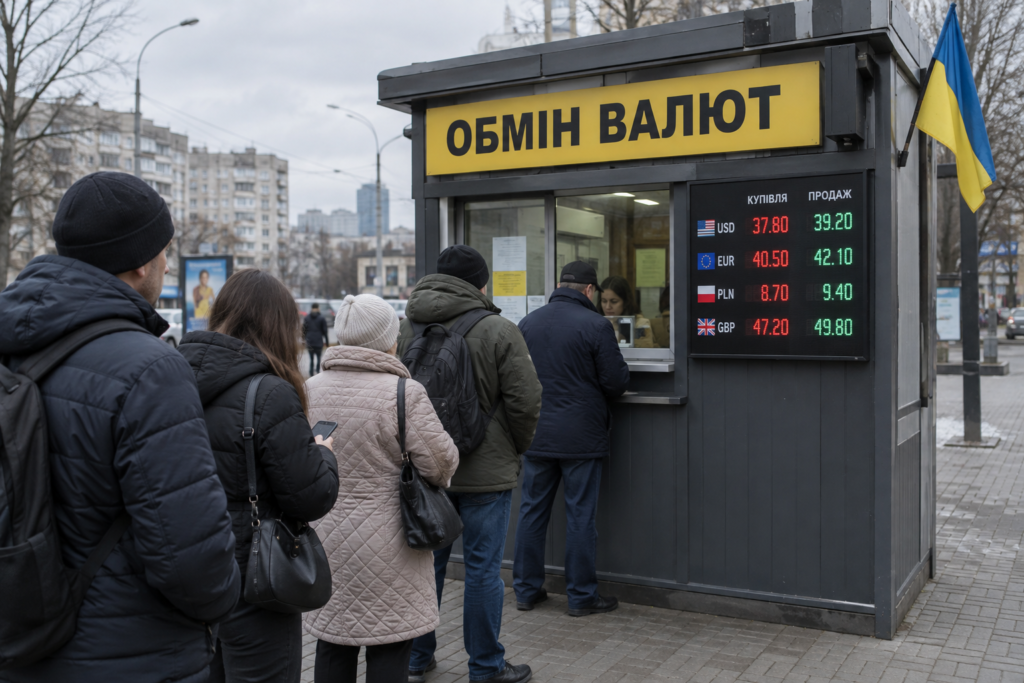 люди біля обмінника в Україні на фоні табло з курсами