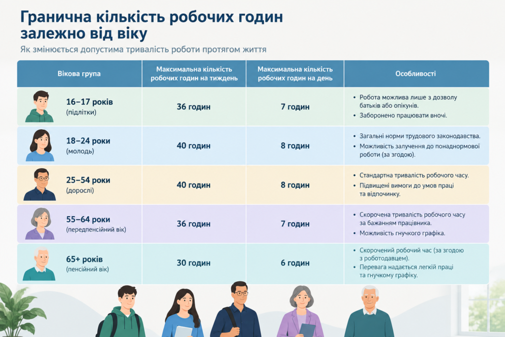 Інфографіка з порівнянням максимальної тривалості роботи за віковими групами