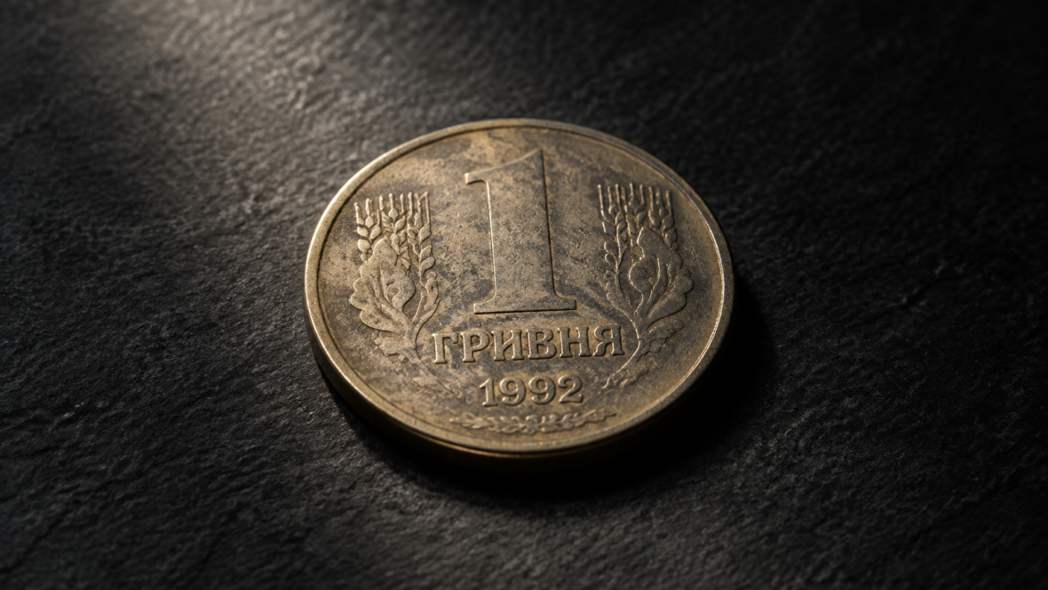 рідкісна 1 гривня 1992 на темному фоні з акцентом на гладкий гурт