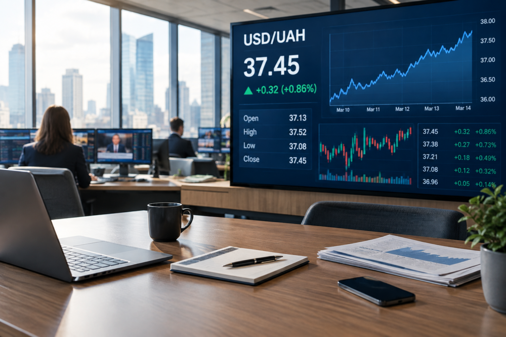 Робочий стіл у фінансовому ньюзрумі з цифровою панеллю курсу USD/UAH та графіками