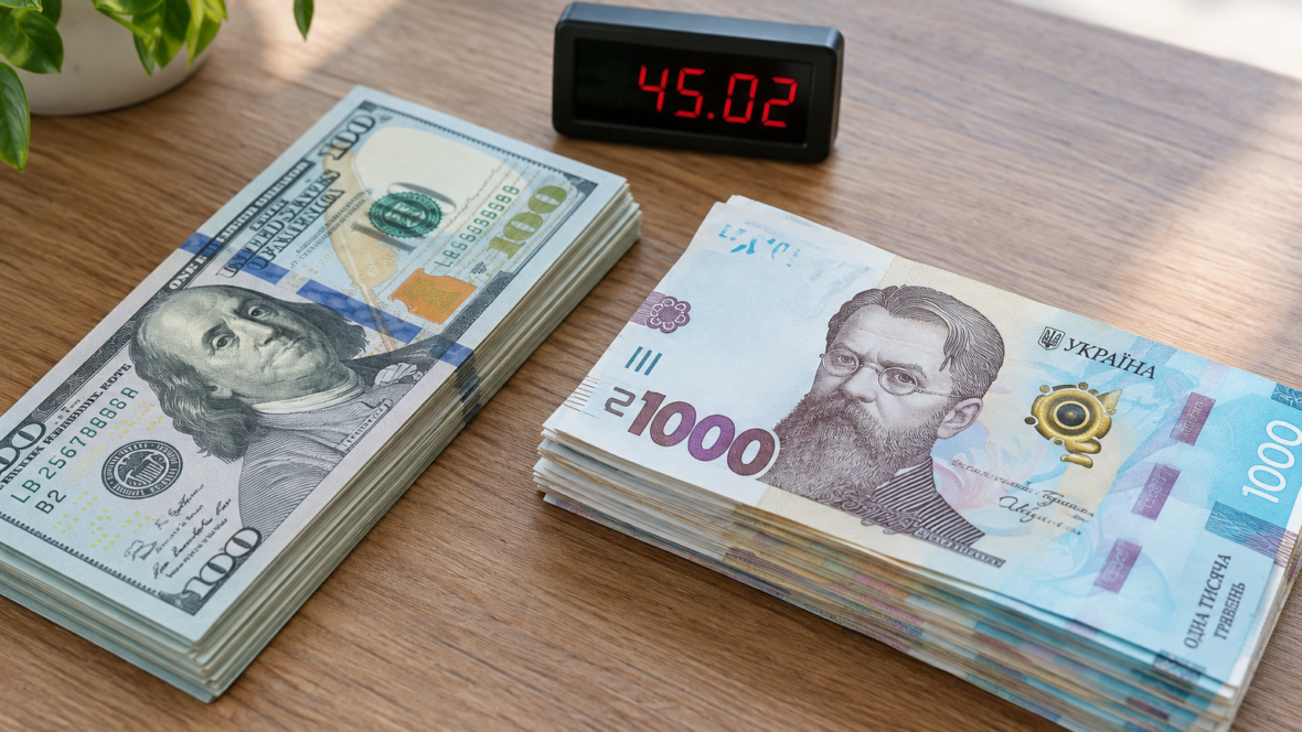 Долари й гривні поруч на столі з цифровим тікером що показує 45,02