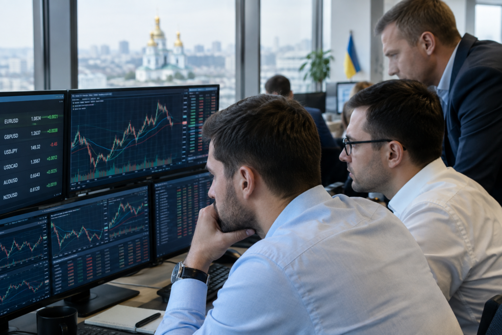 Трейдери банку дивляться на монітори з валютними графіками у київському офісі