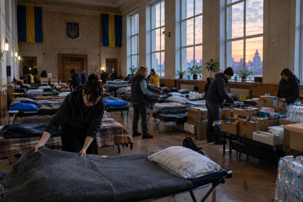 Муніципальна будівля, переобладнана під тимчасове проживання ВПО, волонтери облаштовують місця
