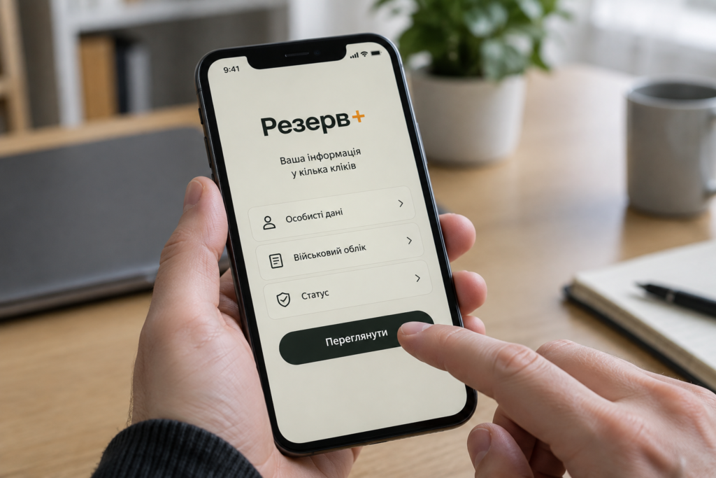 Екран смартфона з інтерфейсом застосунку «Резерв+», палець готується натиснути кнопку