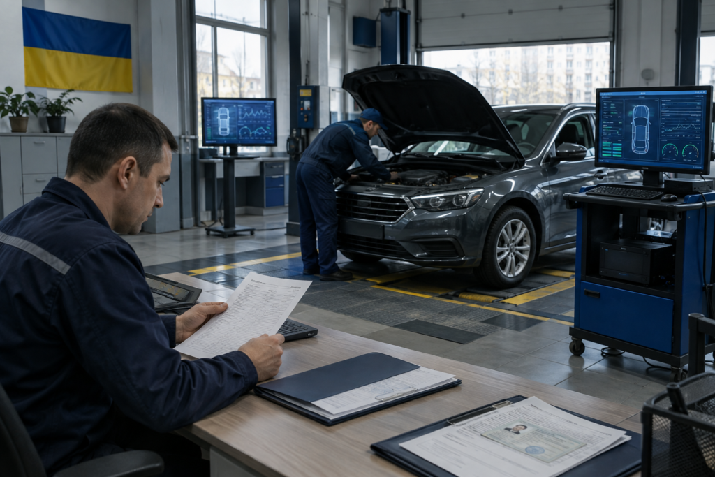 Інтер'єр станції техогляду з техніками і цифровими екранами