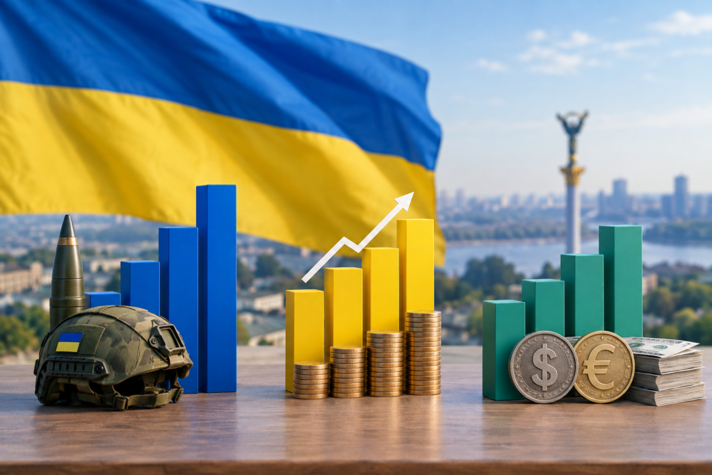 Інфографіка витрат ВВП і курсу на тлі прапора України