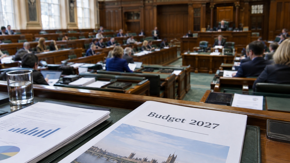 Парламентська зала і близький план сторінки з Бюджетом-2027