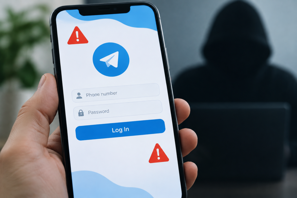 Смартфон з екраном Telegram і попереджувальними знаками, тіньова фігура на задньому плані