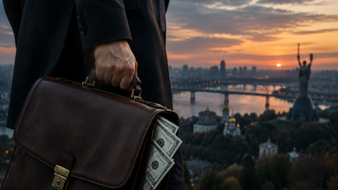 Чоловік з портфелем у руках на фоні розмитого Києва ввечері