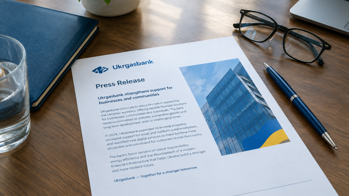 Пресреліз Укргазбанку на столі з ручкою і окулярами