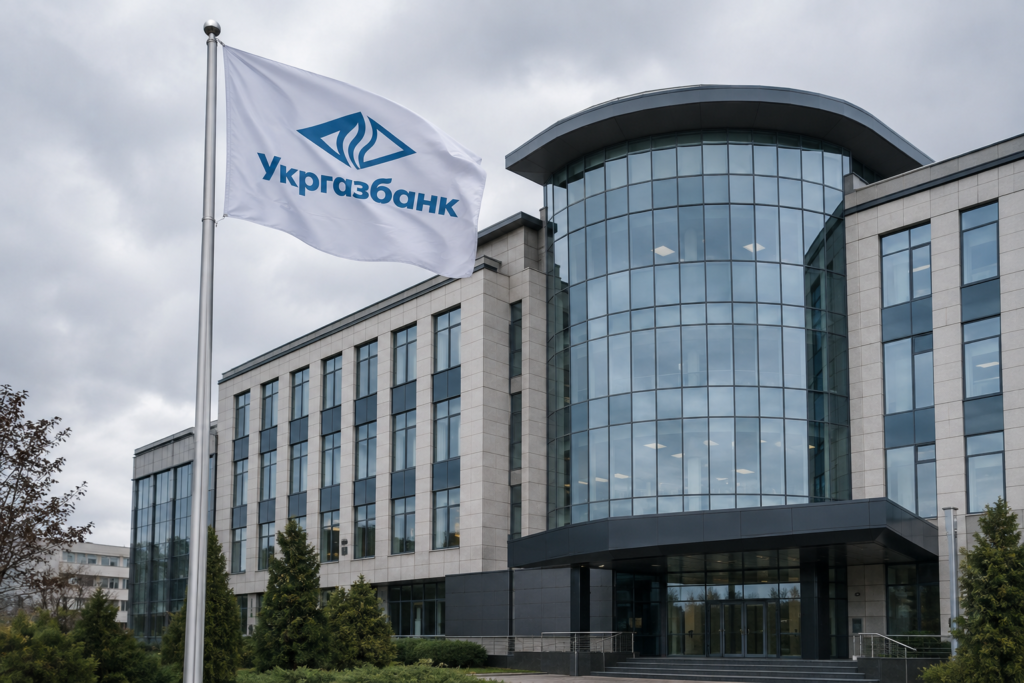 Фасад офісу Укргазбанку з прапором і логотипом