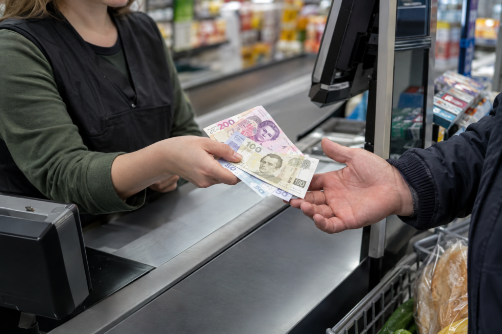 касир повертає решту старими і новими купюрами у магазині