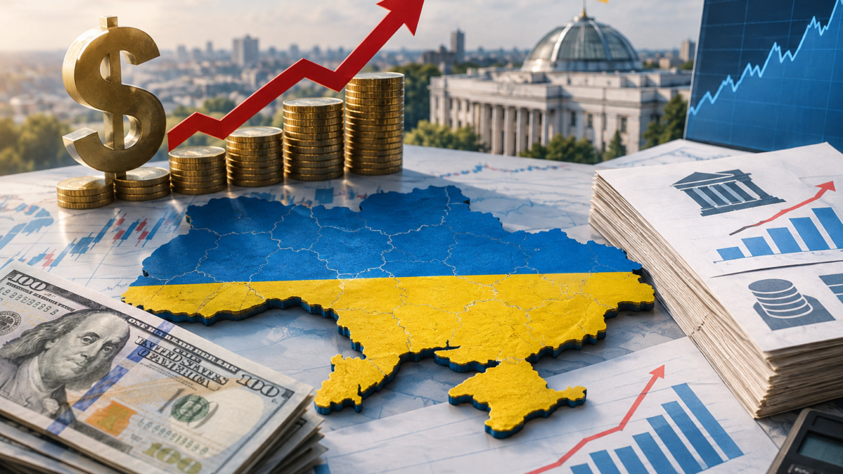 Ілюстрація курсу долара на тлі карти України та графіків боргу