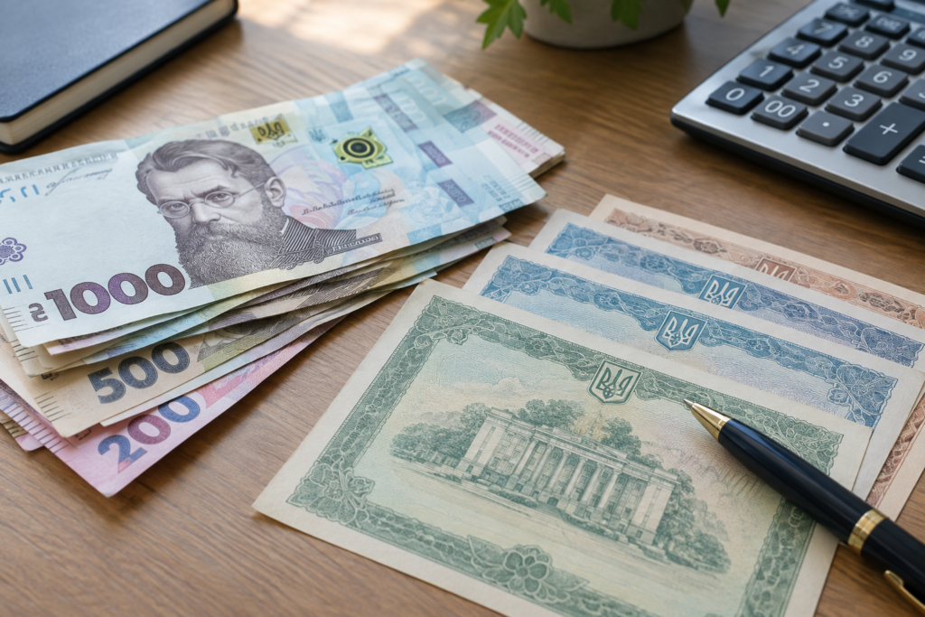 Наближення гривневих банкнот та документів ОВДП на столі