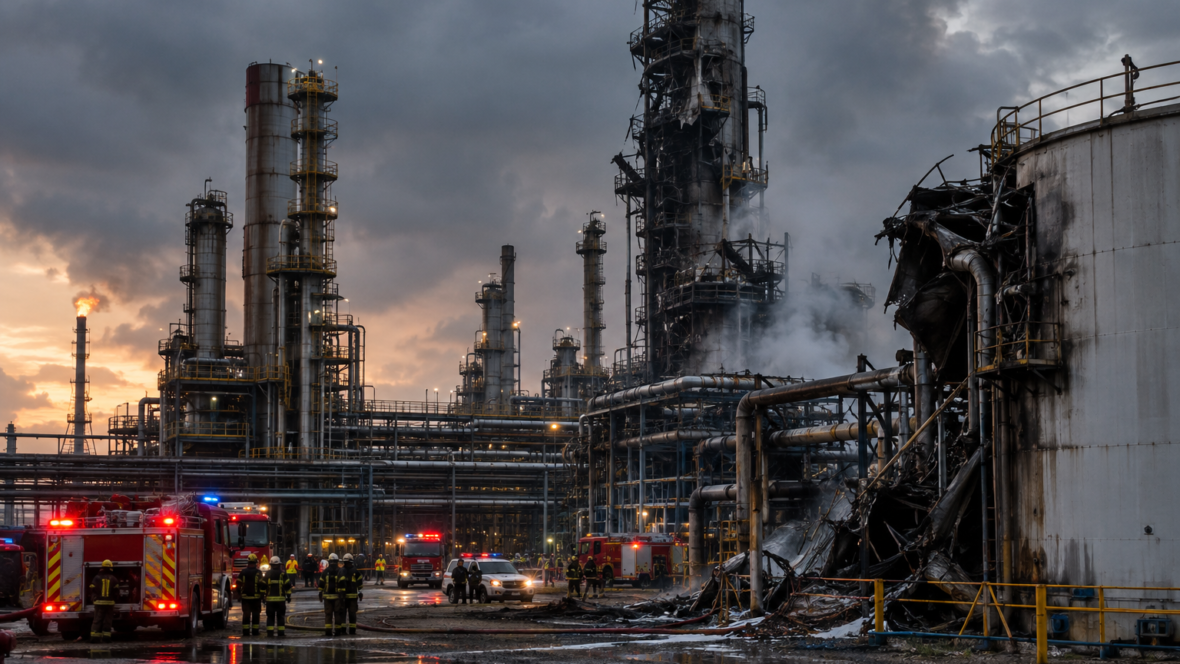 Крупний план нафтопереробного комплексу з пошкодженими обєктами та аварійною технікою