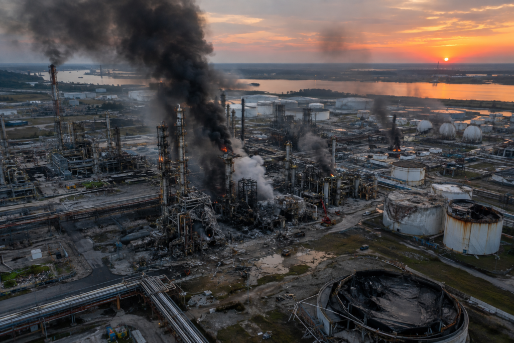 Панорамний вид пошкодженого нафтопереробного заводу з димом у сутінках