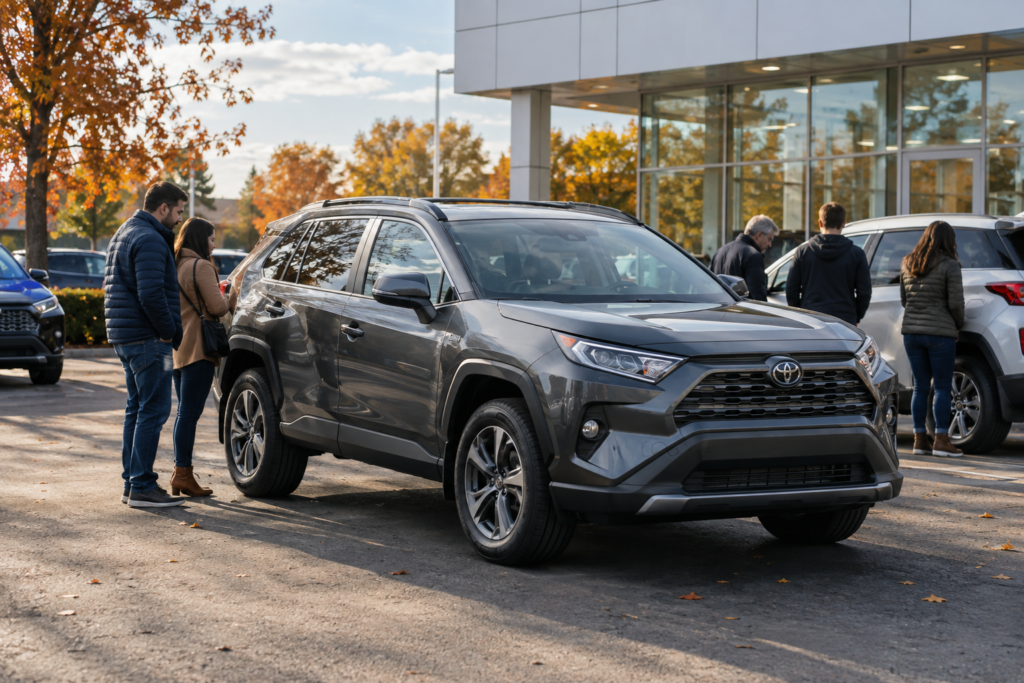 Toyota RAV-4 на стоянці біля автосалону в осінньому світлі