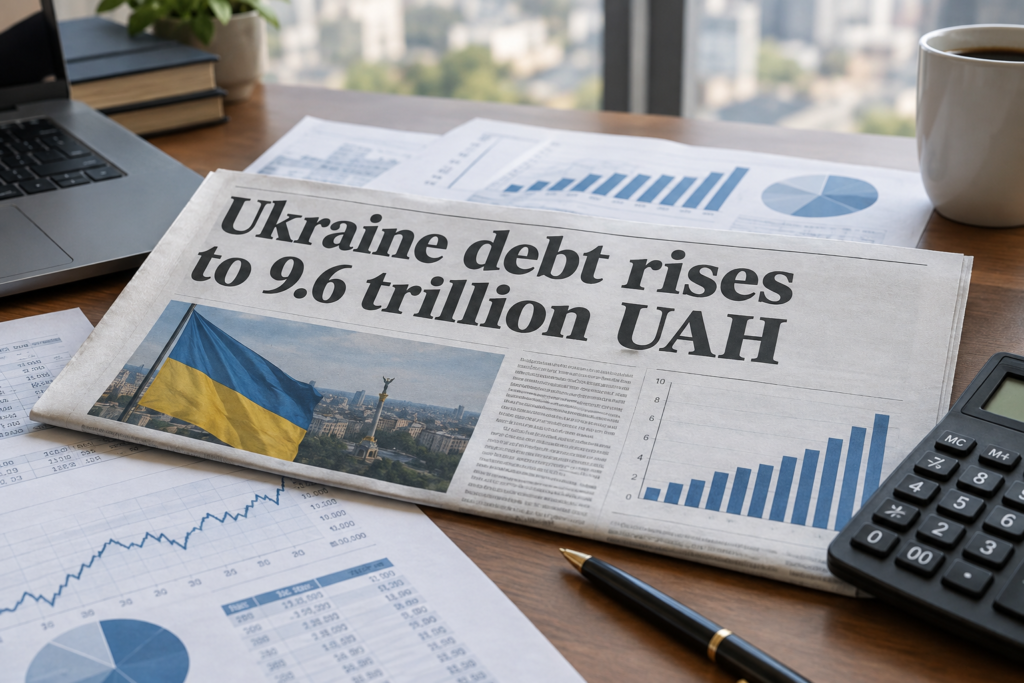 купюри, графіки і документи про борг України на 9,6 трлн грн